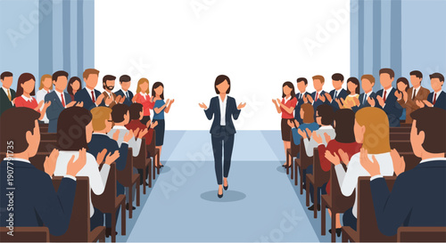 Businesswoman Walking Down Aisle with Applauding Audience at a Conference