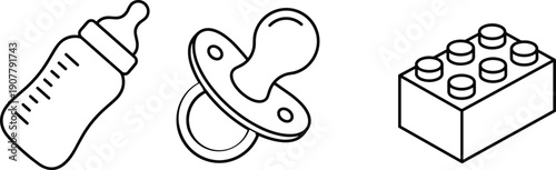 Baby care vector illustration set, outlined icons of bottle, pacifier, and toy block for parenting, childcare, and nursery design