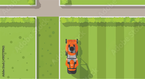 Aerial view of a person mowing a lush green lawn with an orange lawnmower, creating neat stripes