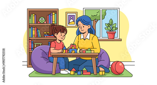 A loving mother and her happy daughter are joyfully engaged in a creative building block activity on the floor at home.