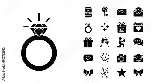 Collection of wedding and engagement icons, including a diamond ring with a heart, gift boxes, champagne glasses, a proposal scene, and celebratory elements.