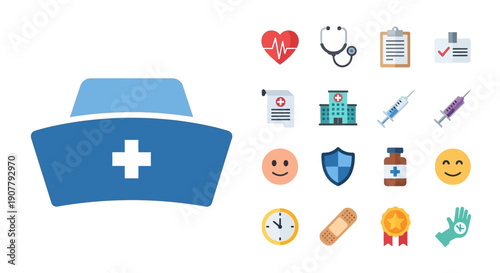 A collection of medical and healthcare-related icons, including a nurse's cap, hospital, syringe, and various symbols of health and well-being.
