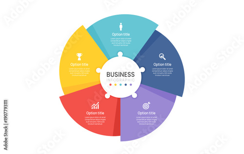 Infographic label design with circle jigsaw template design and 5 step options. flow chart presentations.
