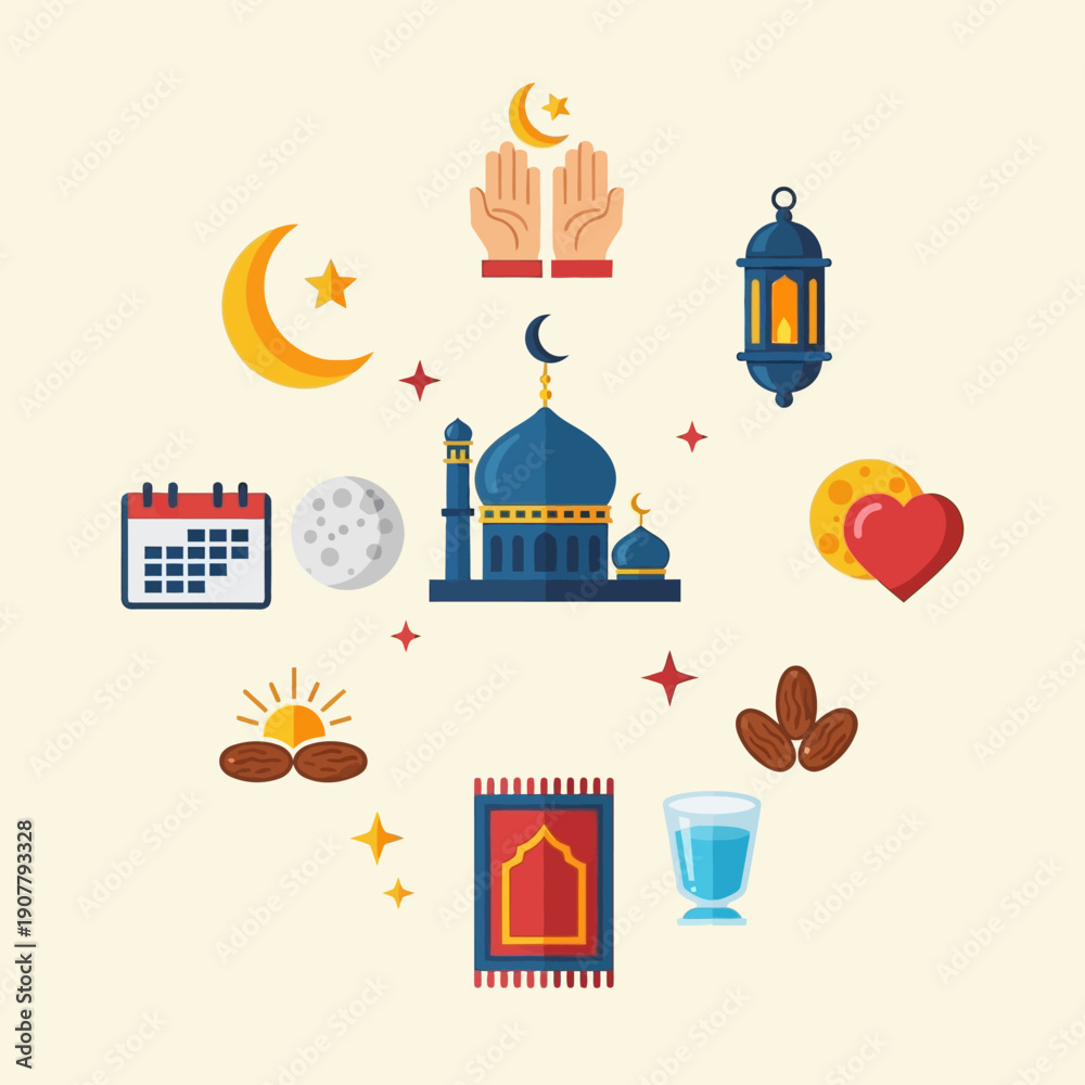 Fototapeta premium A collection of Islamic cultural and religious symbols arranged in a circular pattern on a light background.