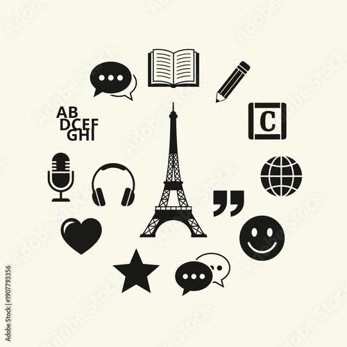 Collection of icons representing learning and communication, centered around the Eiffel Tower, symbolizing Paris and French culture.