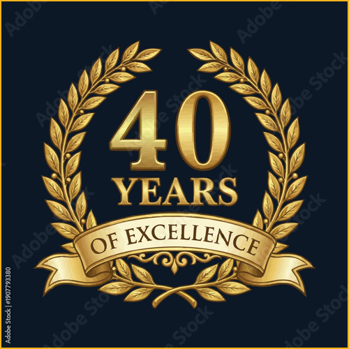 Golden 40 Years of Excellence anniversary emblem with laurel wreath. Luxury corporate milestone badge.