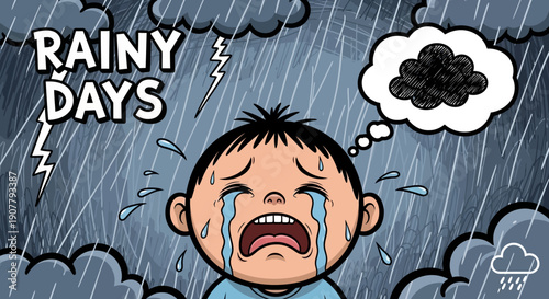 A distressed child cries amidst rainy weather with stormy clouds and a thought bubble, illustrating a Whisk moment of sorrow.