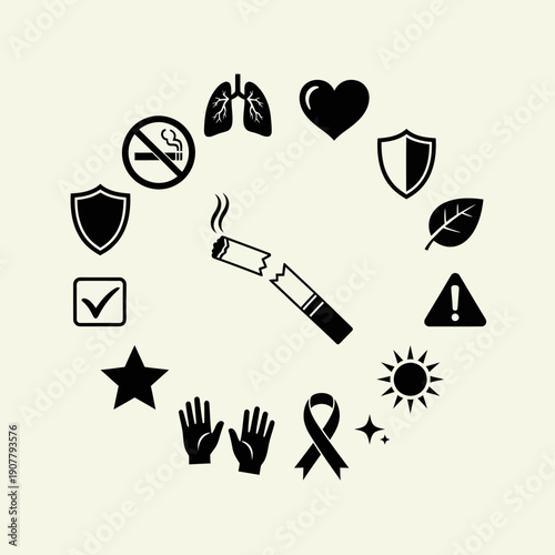 A circular arrangement of icons symbolizing health, protection, and the negative impacts of smoking, centered around a broken cigarette.