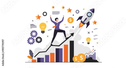 Dynamic illustration of a businessman celebrating success while standing on a rising arrow, symbolizing growth, achievement, and financial progress with a rocket taking off.