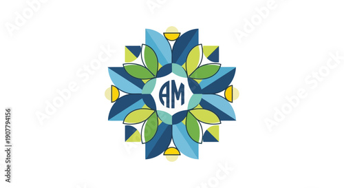 Abstract mandala with letters AM in the center.