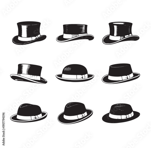 Vintage Gentleman’s Headwear Set featuring Classic Top Hats Bowlers and Fedoras