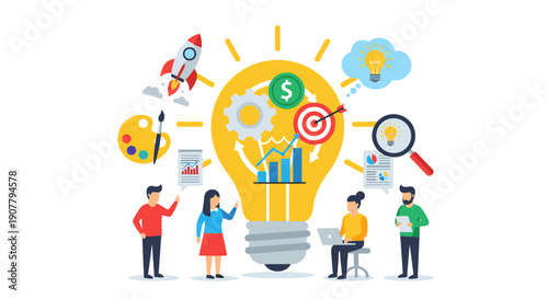 Creative business team collaborates around a giant lightbulb, symbolizing innovation, brainstorming, and the generation of new ideas for success.