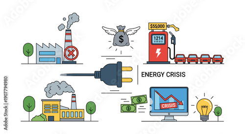 Conceptual illustration depicting the global energy crisis, showcasing industrial pollution, rising fuel costs, and economic impact.