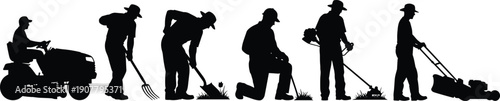 Gardening worker silhouettes with lawn mower, digging, planting and landscaping tools, professional garden maintenance concept isolated on white background