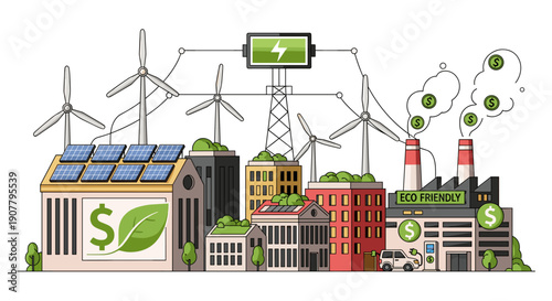 An intricate illustration showcasing a sustainable city powered by renewable energy sources like wind turbines and solar panels, emphasizing eco-friendly urban development and green technology.