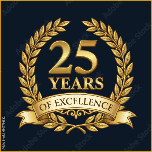 Golden 25 Years of Excellence anniversary emblem with laurel wreath. Luxury corporate milestone badge.