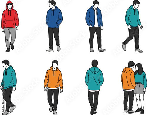 Modern casual people illustration set showing men and couple wearing hoodies in multiple poses isolated on white background