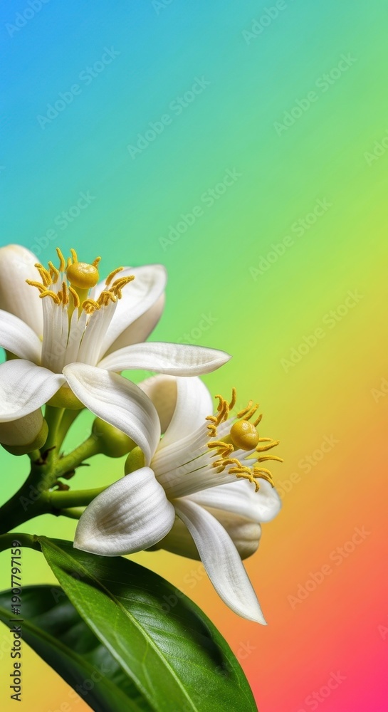 Obraz premium Delicate white grapefruit blossoms unfurl their petals on a vibrant green branch, signaling the arrival of spring and fresh citrus fruit, grapefruit, fruit, macro