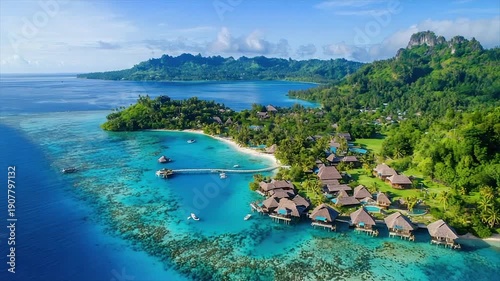 Aerial view of tropical resort with overwater bungalows, lush green island, and vibrant blue ocean