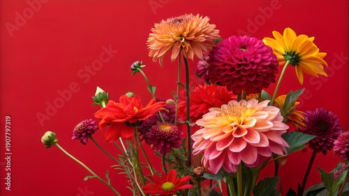 Bunch of flowers on red background.