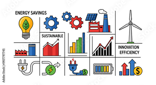 A vibrant collection of icons illustrating energy savings, sustainable practices, and innovation for a more efficient future.