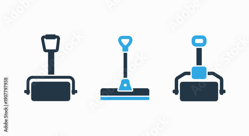 Set of three cleaning tools: floor mop, carpet cleaner roller, and squeegee, in flat design style with blue and dark blue accents.