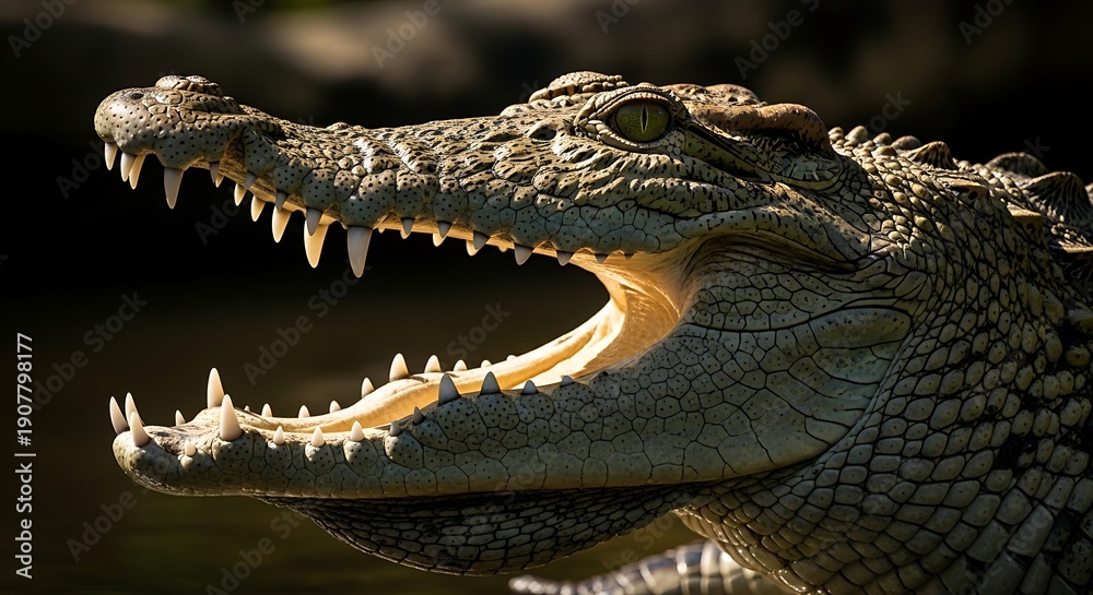 Fototapeta premium Close-up of a crocodile with mouth open displaying sharp teeth and powerful jaws. Dangerous reptile predator in natural habitat.