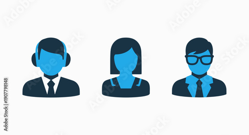 Icons depicting diverse individuals: a person with headphones, a woman, and a man in a suit with glasses, representing different roles and professions.