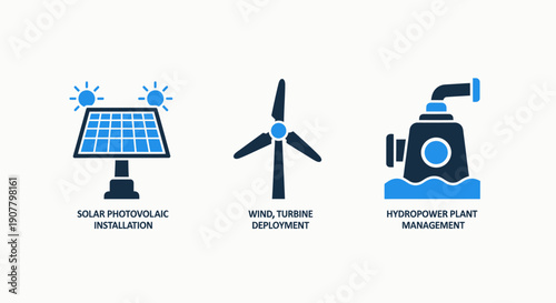 Icons for renewable energy infrastructure: solar photovoltaic installation, wind turbine deployment, and hydropower plant management.