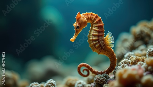 Vibrant Orange Seahorse With Curled Tail Navigates Coral Reef Ecosystem Underwater With Soft Light And Blurred Blue