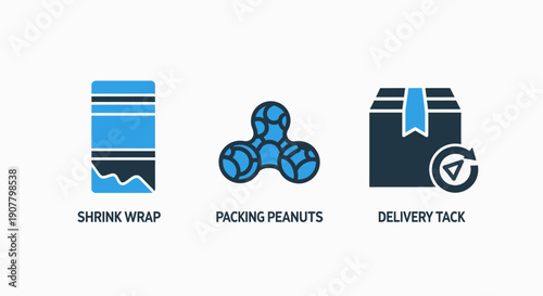 Set of icons for shrink wrap, packing peanuts, and delivery tack, representing packaging materials and logistics for shipping.