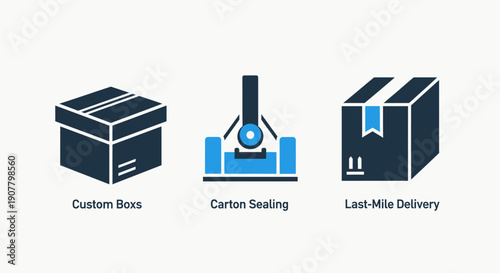 Icons showcasing custom boxes, carton sealing, and last-mile delivery for e-commerce, shipping, and logistics solutions.