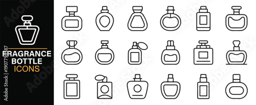 Fragrance cosmetic bottle symbol icons set
