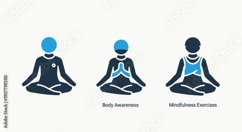 Illustrations of people meditating in various poses for body awareness, mindfulness exercises, and promoting inner peace and relaxation.