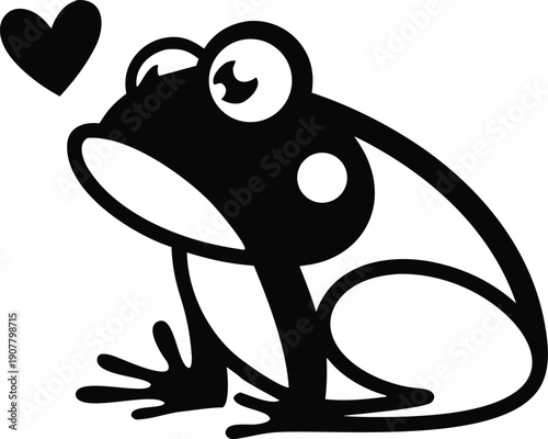 Cute cartoon frog with heart graphic, lovely amphibian mascot, playful wildlife vector illustration, children's art style