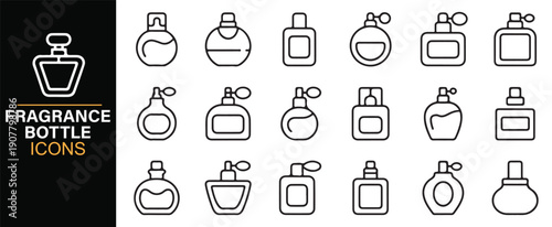 Fragrance cosmetic bottle symbol icons set