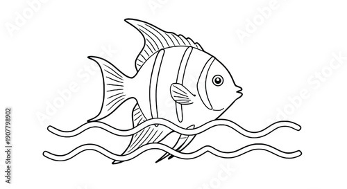 Line drawing of an angelfish with flowing fins and stripes, swimming among wavy lines suggesting water. The image is simple and elegant.