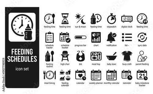 Feeding Schedules Feeding-Time Schedule-Tracker Feeding-Routine Meal-Timing Feeding-Calendar Time-Schedule Vector Icon Set - Feeding Time