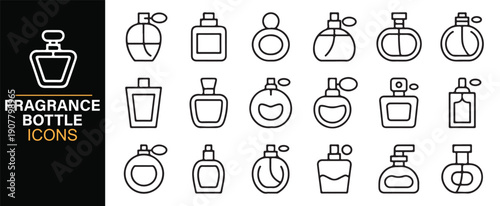 Fragrance packaging bottle icons in clean outline design