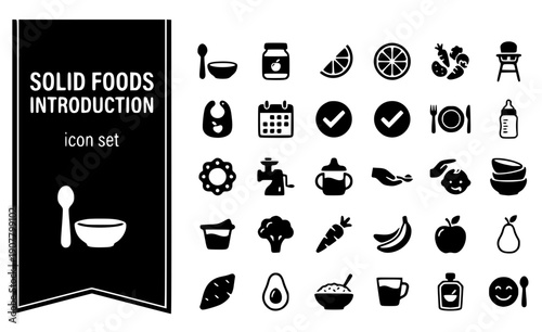 Solid Foods Introduction Baby-Food First-Foods Weaning Food-Introduction Solid-Feeding Baby-Weaning Vector Icon Set - First Foods
