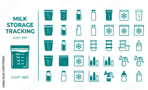 Milk Storage Tracking Milk-Bags Storage-Bottles Freezer-Milk Milk-Inventory Breast-Milk-Storage Storage-Tracking Vector Icon Set - Milk Storage