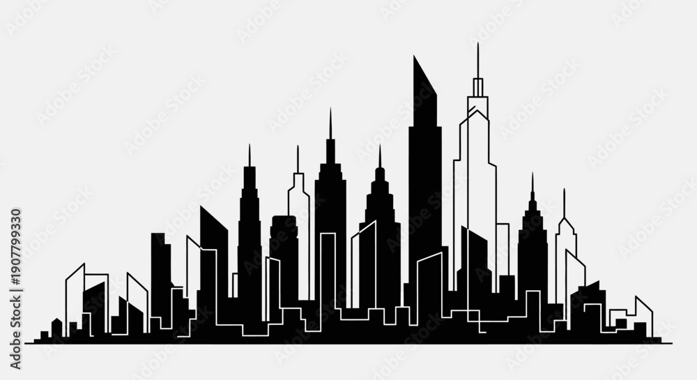 Obraz premium Modern City Skyline Silhouette with Skyscrapers and Unique Buildings on a Light Grey Background