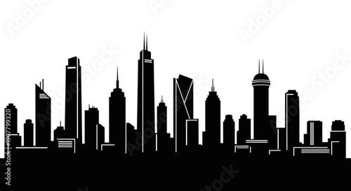 Abstract Black Silhouette City Skyline with Tall Skyscrapers and Urban Buildings on an Isolated White Background