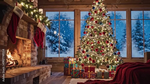 Cozy Christmas Living Room with Burning Fireplace and Decorated Tree
