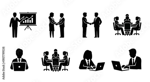 Business Meeting and Corporate Office Icon Set with Silhouettes of Professionals Collaborating and Presenting Data