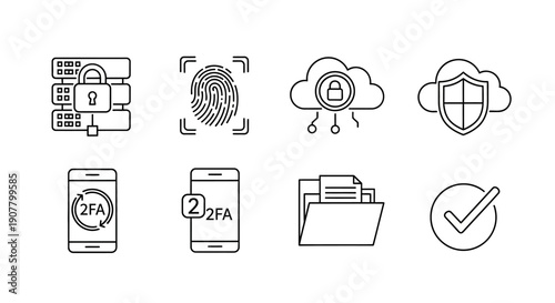 Cybersecurity and Data Protection Vector Icon Set with 2FA Authentication Fingerprint Scanner Cloud Privacy and Secure Server Symbols