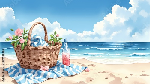 watercolor painting of flowers in the basket on the beach