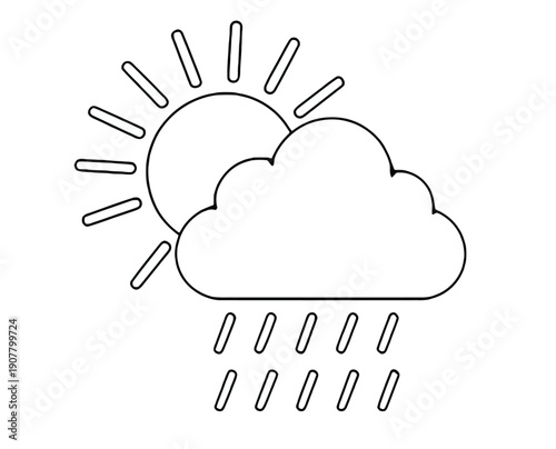 Line drawing of a sun partially obscured by a cloud with rain falling below. Represents mixed weather conditions with sun and rain.