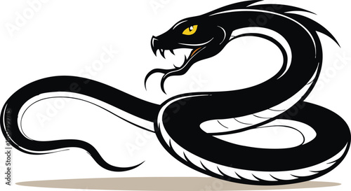 Black snake vector illustration with yellow eye and open mouth showing fangs