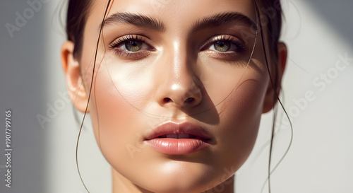 Frontal headshot of a young woman with clean radiant skin wet hair look and natural makeup under soft sunlight